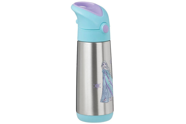 A children's stainless steel water bottle with a light blue and lavender flip-top lid, featuring a printed illustration of Elsa from Frozen on the front.