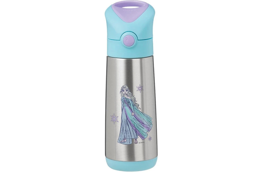 A children's stainless steel water bottle featuring a printed illustration of Elsa from Frozen on the front. The bottle has a light blue lid with a purple flip-top cap, a purple button, and a matching light blue base.