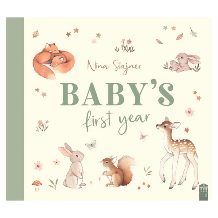 Book cover of 'Baby's First Year' by Nina Stajner with illustrations of animals on a light background.