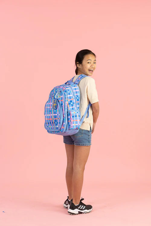 girl wearing Backpack – Pastel Plaid School Bag Spencil Big Kids