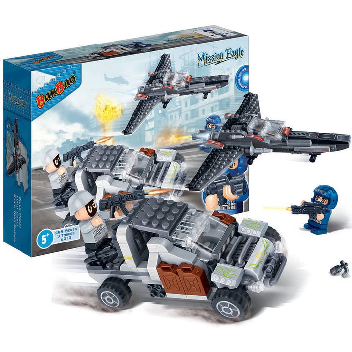 Toy building block set with vehicles and figures in front of a 'Mission Eagle' branded box.