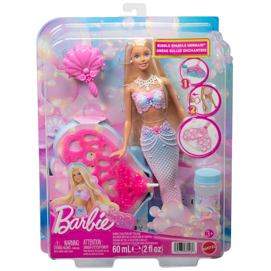 Barbie mermaid toy set in packaging with bubble solution bottle
