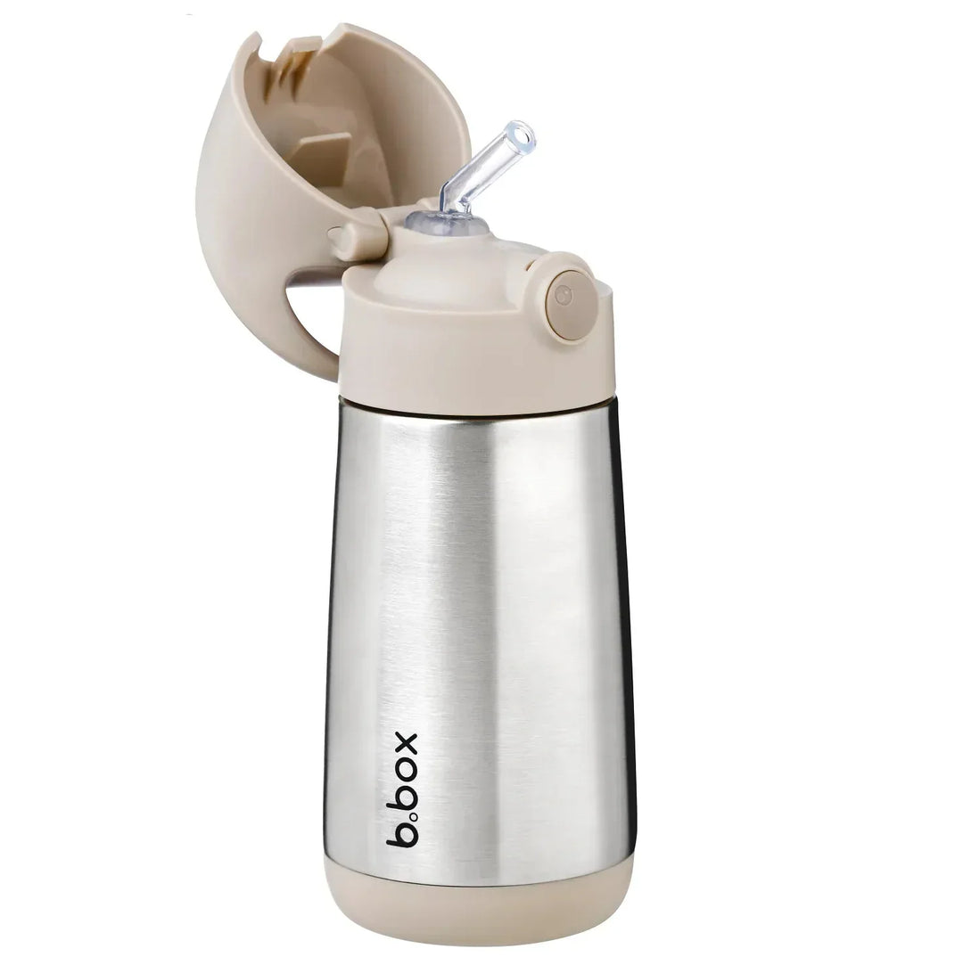 Children's bbox stainless steel water bottle with beige lid and straw on a white background