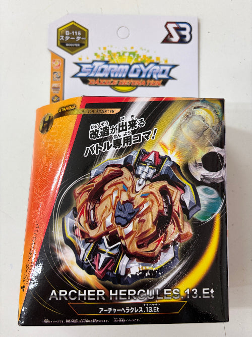 Beyblade starter pack for Archer Hercules 13.Et, featuring the orange and black toy packaging in front of its original white and blue Storm Gyro header card.