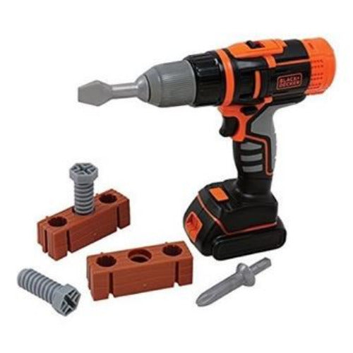 Black and orange cordless toy drill with accessories on a white background