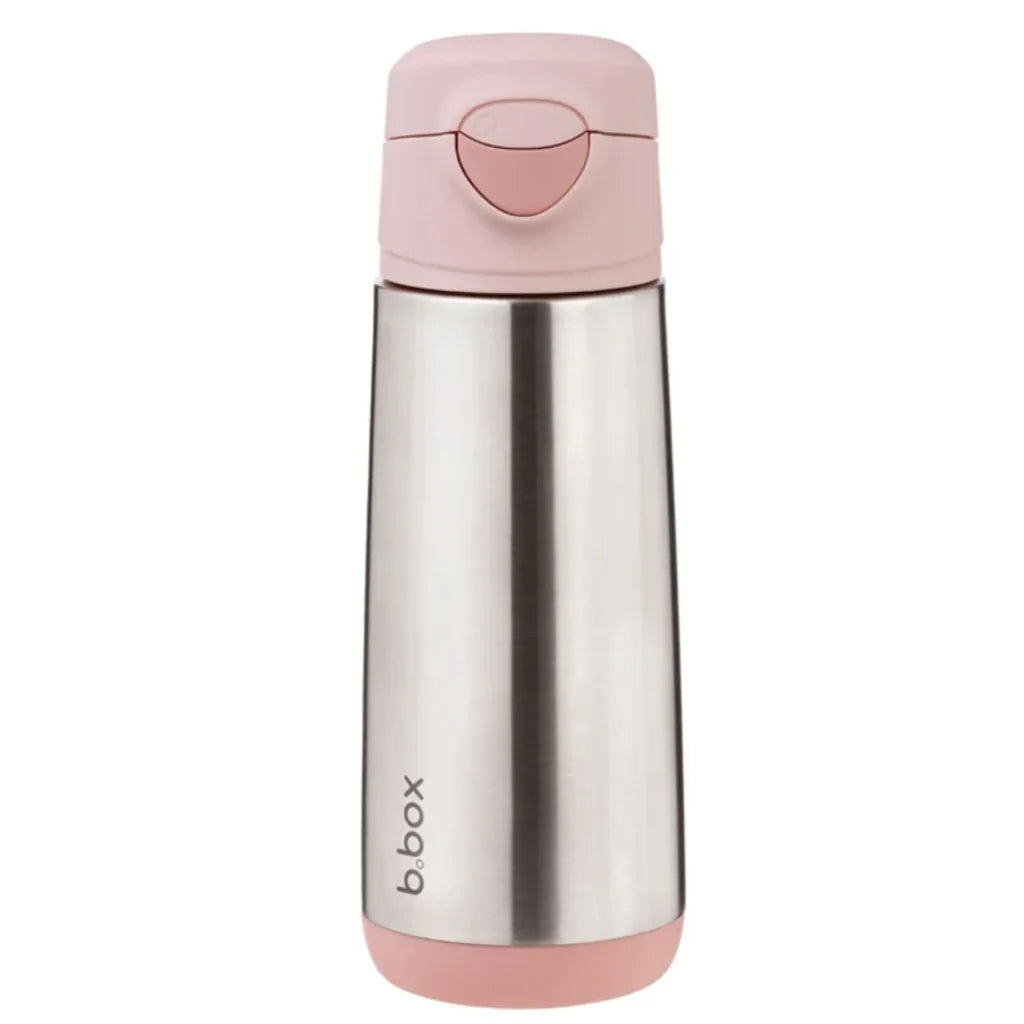 Stainless steel water bottle with pink lid and base on a white background