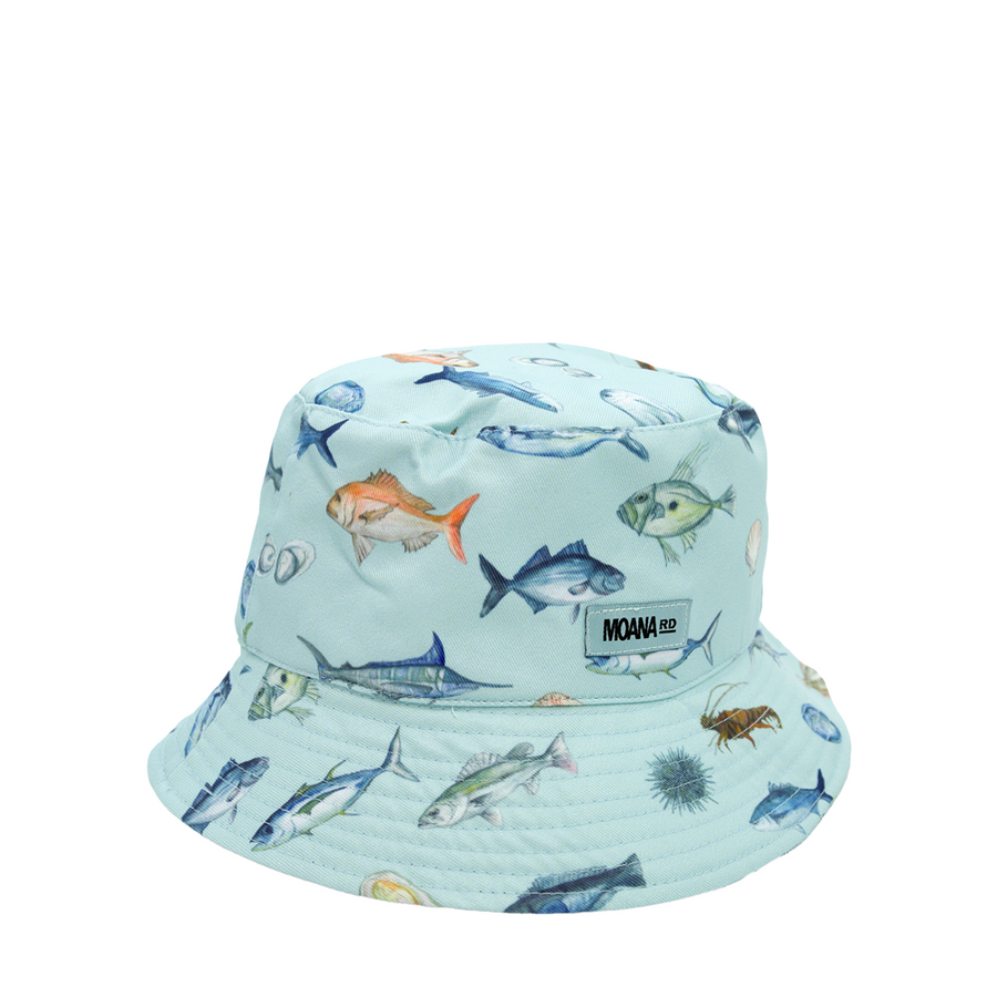 Bucket hat with fish pattern on a light blue background