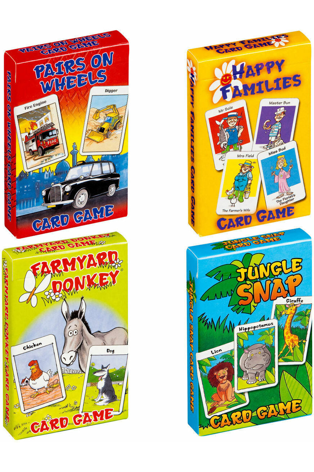 Four colorful card game boxes with animal-themed illustrations on a white background