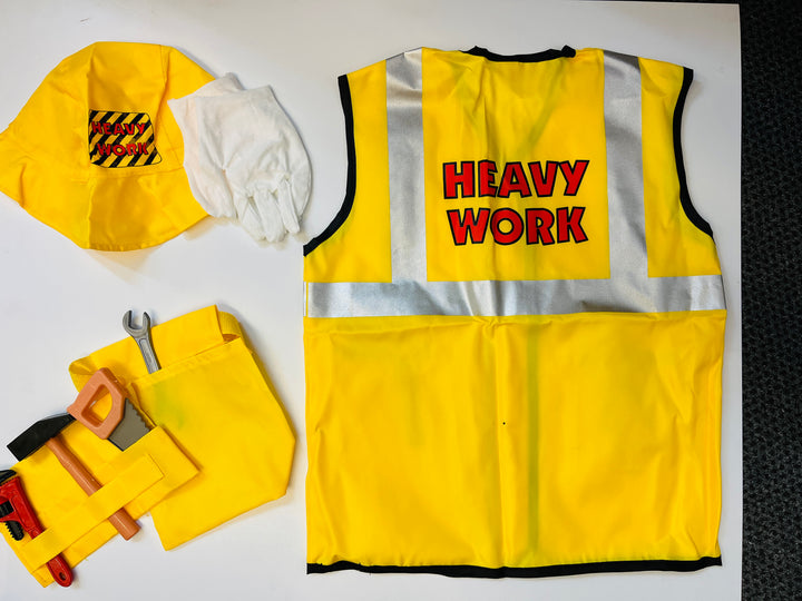 Children's construction vest set with yellow vest, construction hat, toolbelt, and plastic tool set laid out on a white background.