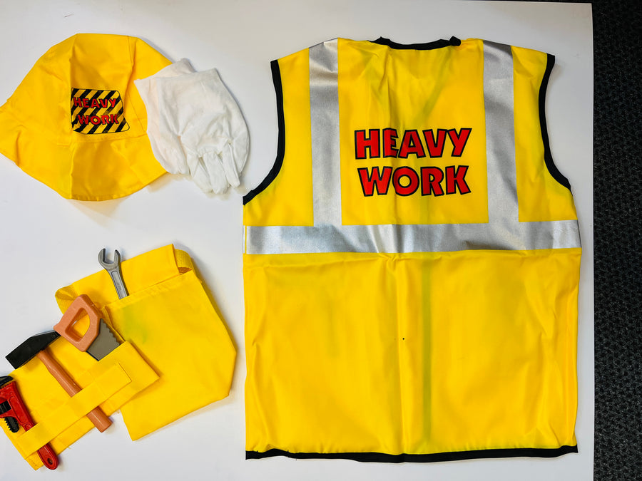 Children's construction vest set with yellow vest, construction hat, toolbelt, and plastic tool set laid out on a white background.