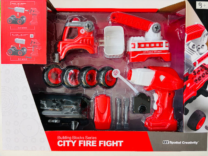 Toy building block set with fire truck design in packaging labeled 'City Fire Fight'.