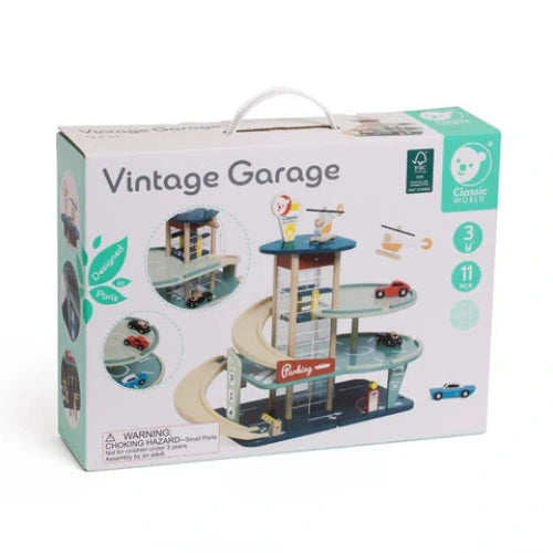 wooden toy garage set with cars and accessories on a white background