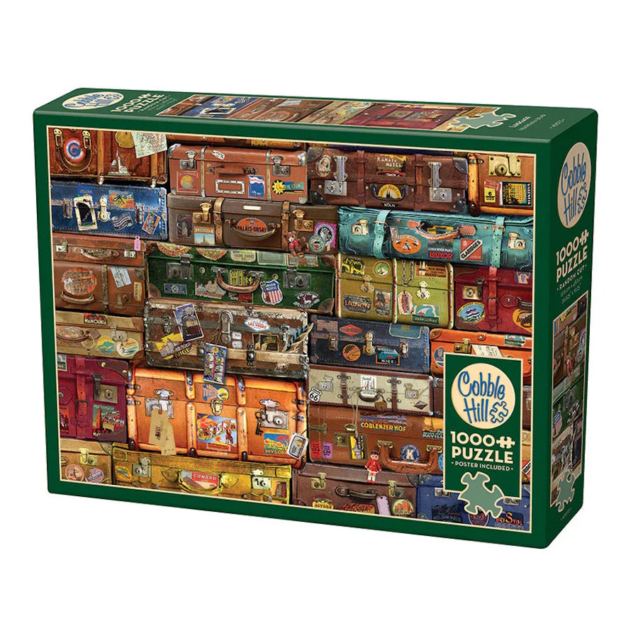 Cobble Hill puzzle box with vintage suitcases design on a white background Cobble hill 1000 piece puzzle luggage 
