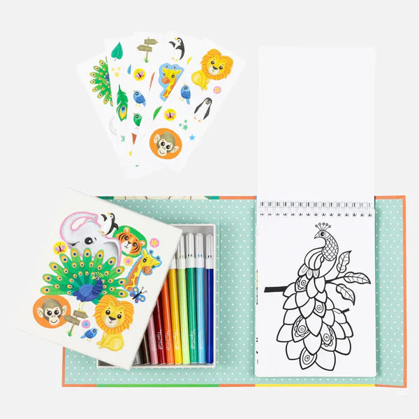 Coloring book set with markers, stickers, and coloring pages on a white background