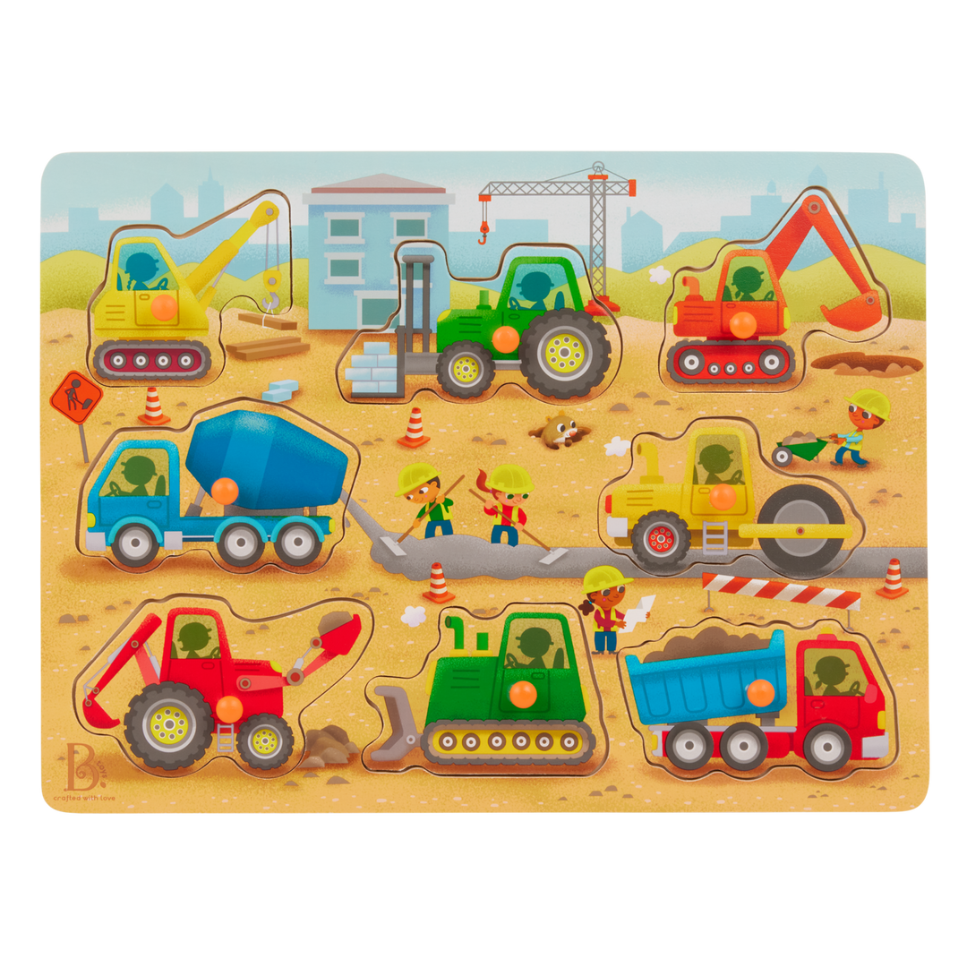 Children's puzzle with construction vehicle figures on a wooden base