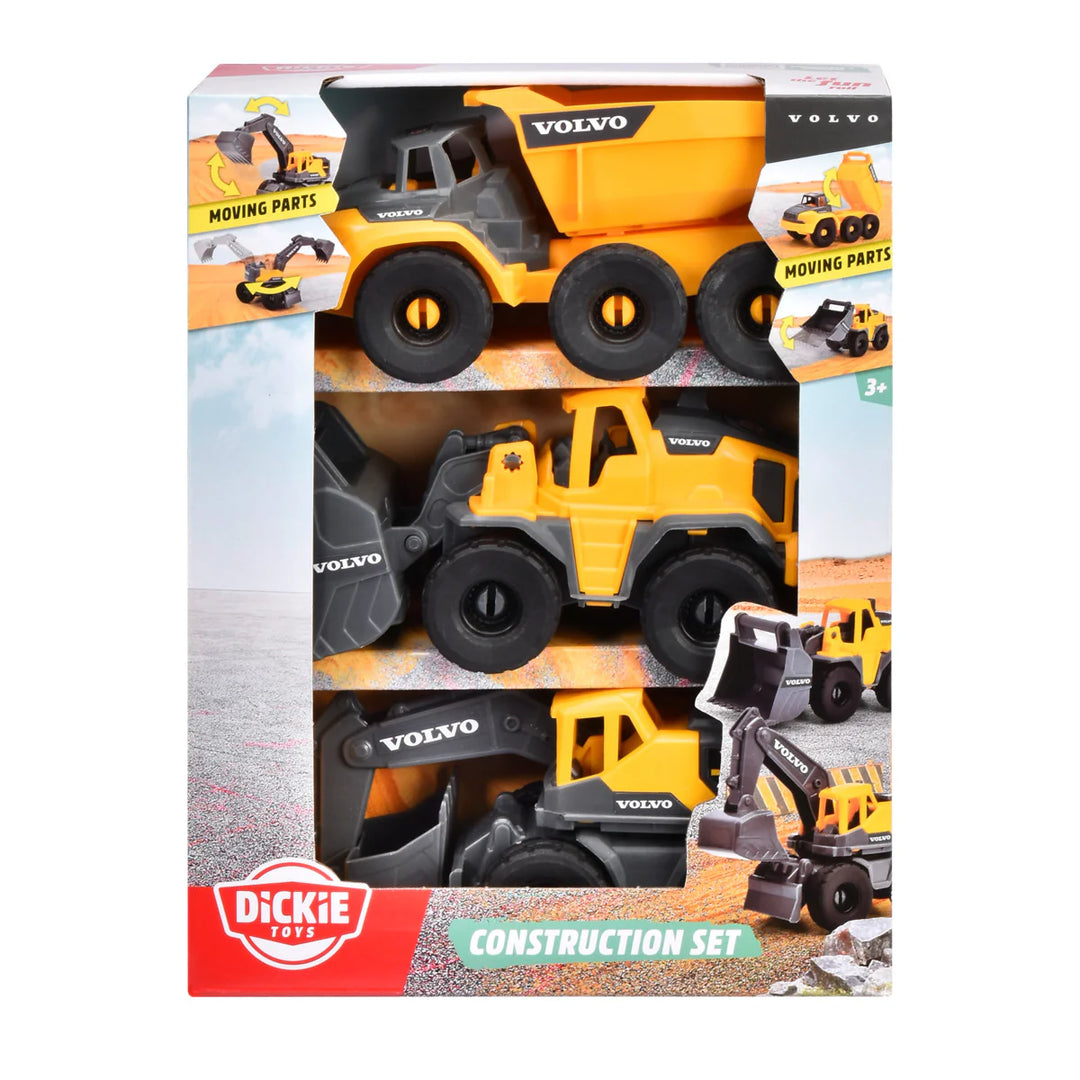dickie Toy construction set packaging with Volvo trucks on a white background