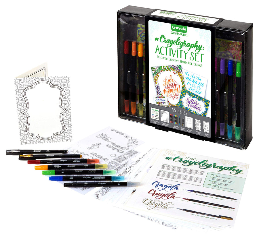 Crayola Crayoligraphy Activity Set with markers, coloring pages, and a stencil on a white background.