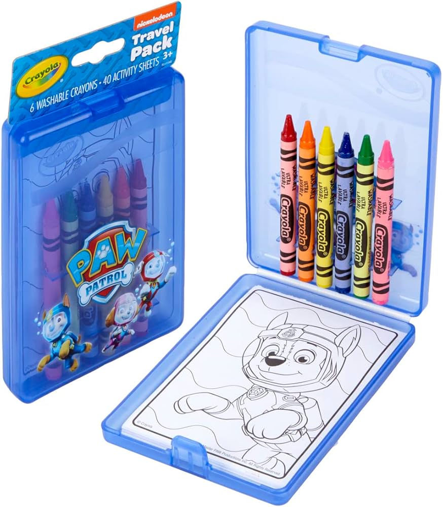 Crayola travel pack with crayons and coloring sheet featuring Paw Patrol on a white background