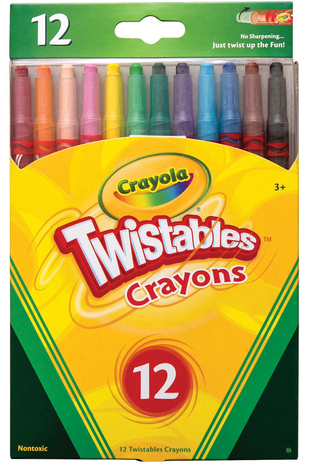Twistables Crayons 12-pack in its original green and yellow cardboard packaging, showing the colorful crayons visible through the clear plastic window.
