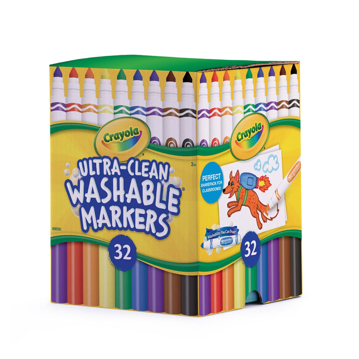 Box of Crayola Ultra-Clean Washable Markers with 32 markers on a white background