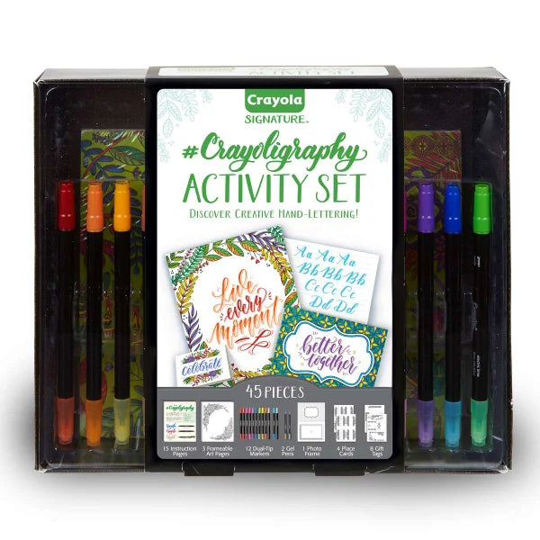 Crayola Crayoligraphy Activity Set packaging with markers and sample art on a white background