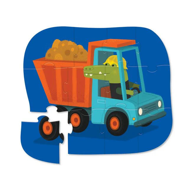 Children's puzzle with a cartoon alligator driving a dump truck on a blue background