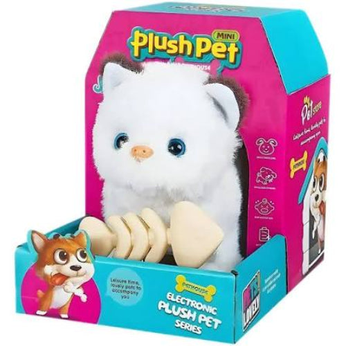 Plush pet toy in packaging with pink and blue design
