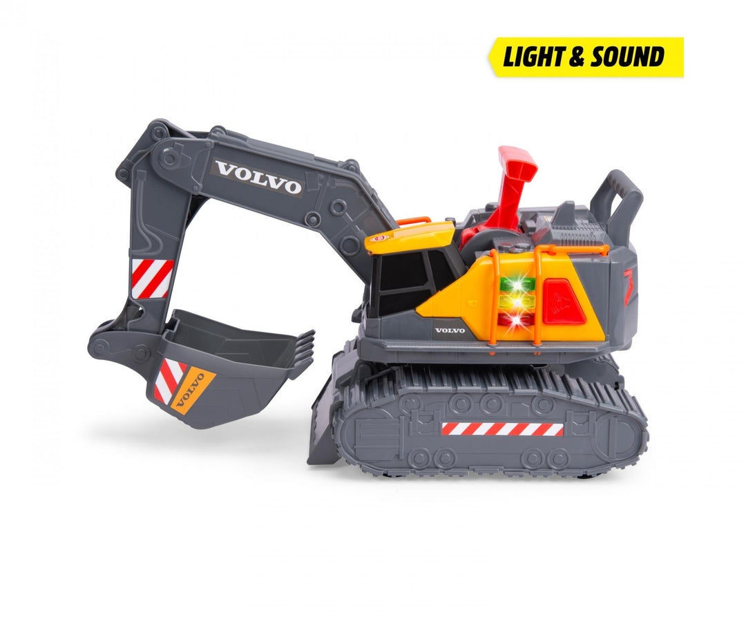 Toy excavator with Volvo branding on a white background