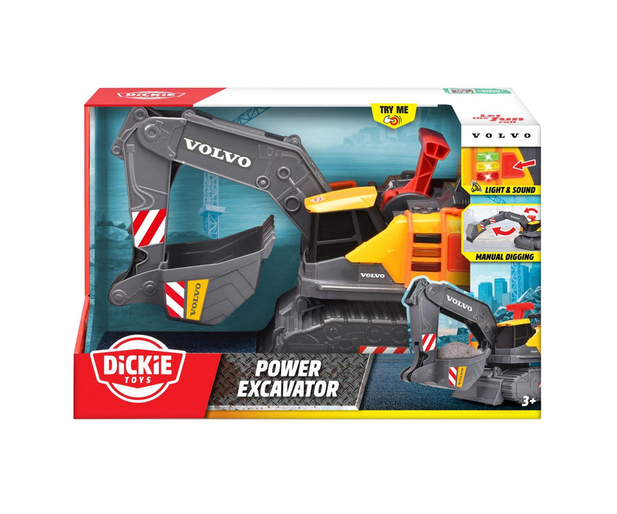 Toy excavator set in packaging with Volvo branding and Dickie Toys logo.