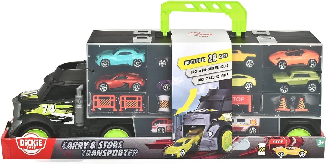 Toy truck with a carry case containing miniature cars and accessories, featuring Dicky Toys branding.