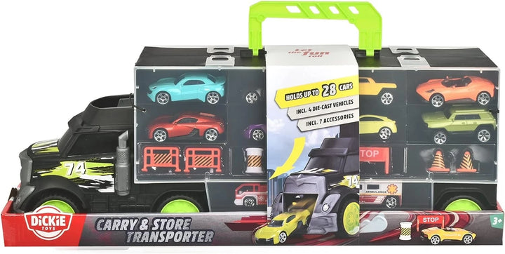 Toy truck with a carry case containing miniature cars and accessories, featuring Dicky Toys branding.