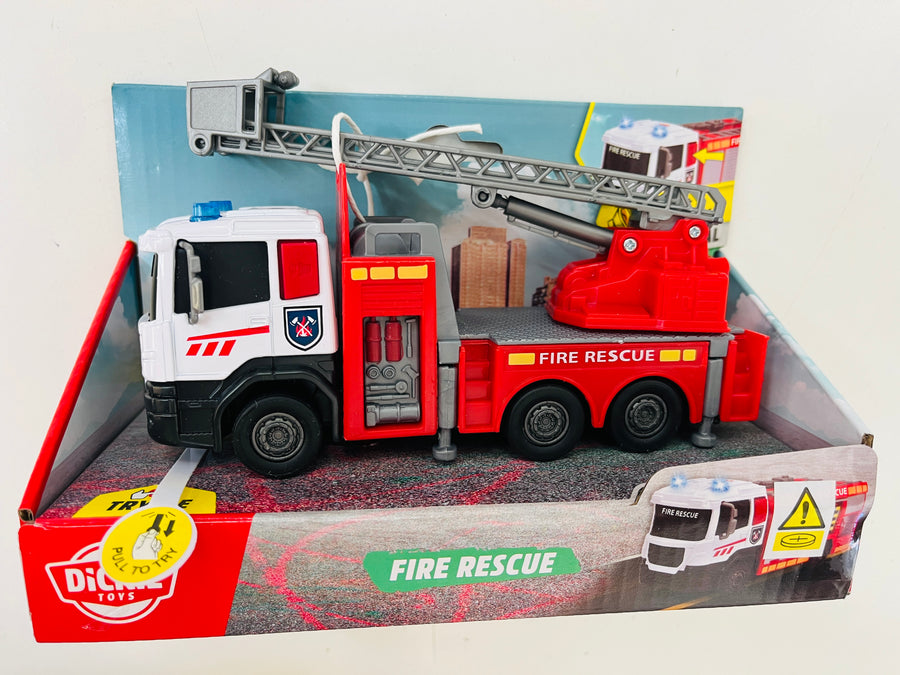 dickie Toy fire rescue truck with extended ladder on a display stand