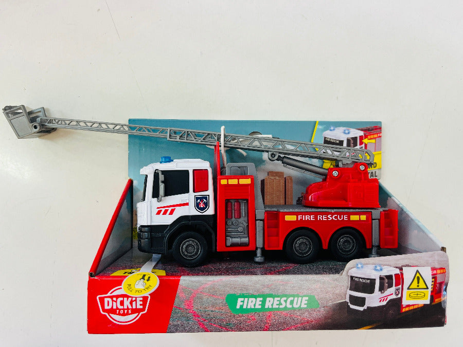 Toy fire truck with extended ladder on its packaging, featuring the brand 'Dickie Toys'.