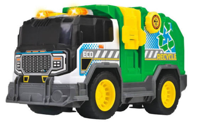 dickie recycling truck with a green and white body, yellow wheels and accents, black front grille, and orange emergency lights on a white background.