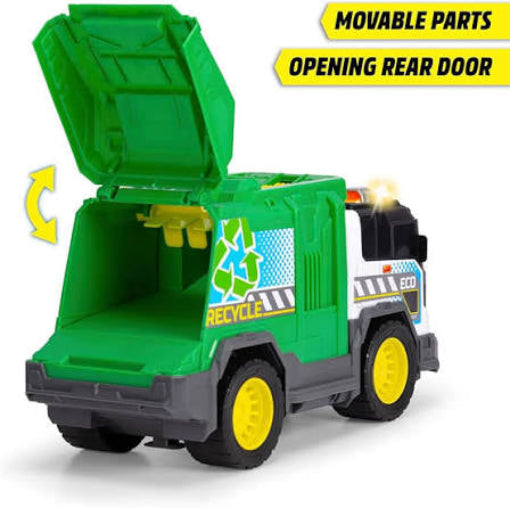 Green recycling truck toy with an open rear door, yellow wheels, and feature callout text reading 'MOVABLE PARTS' and 'OPENING REAR DOOR' on a white background.