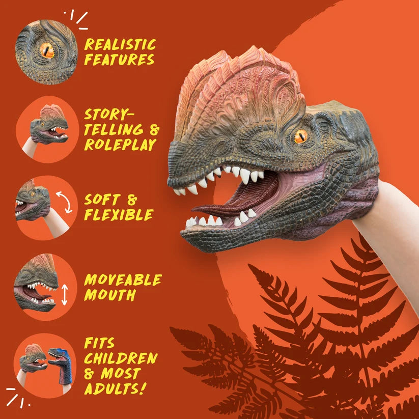 A dinosaur raptor hand puppet with an open mouth, shown being worn on a child's hand against an orange background with feature callout circles and text.