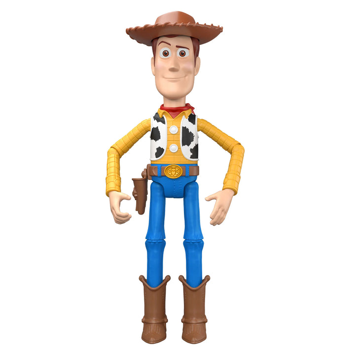 A Woody the Cowboy action figure from Toy Story, featuring his signature yellow shirt, black-and-white cow print vest, blue pants, brown hat and boots, and red neckerchief, isolated on a white background.