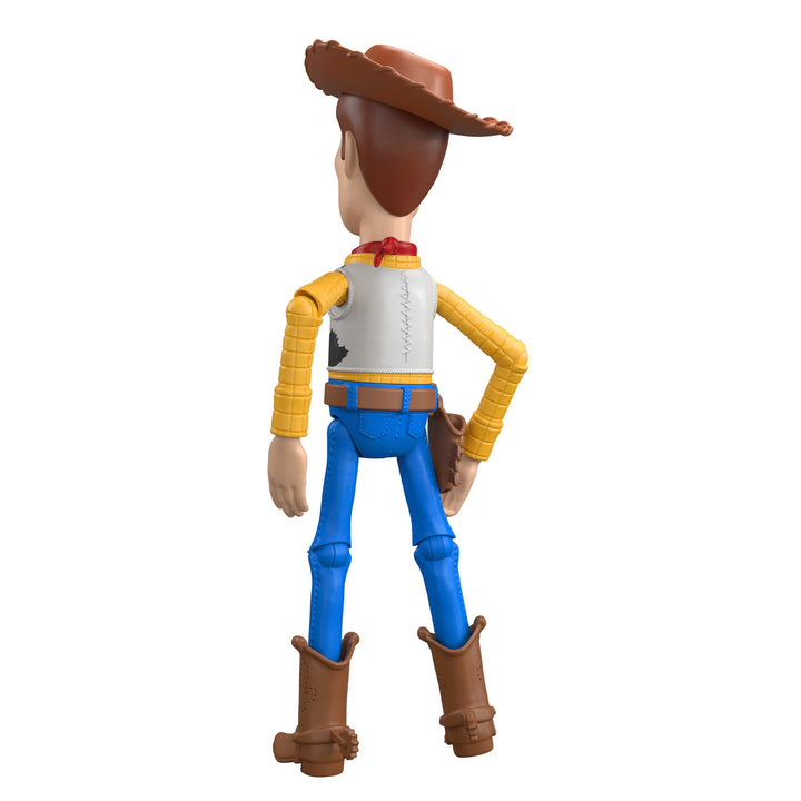 woody form toy story Toy figure of a cowboy character with a brown hat, yellow shirt, blue pants, and brown boots on a white background.