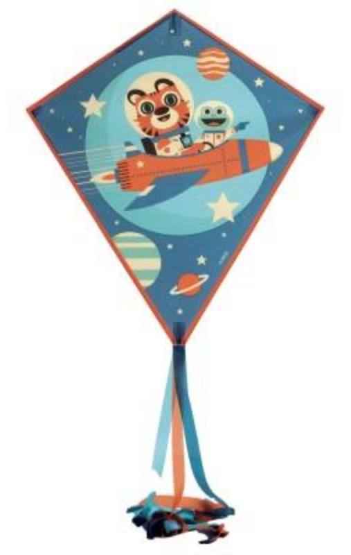 A diamond-shaped kite with a colorful cartoon space design featuring a tiger astronaut and a robot in a rocket, with blue tails hanging below on a white background.