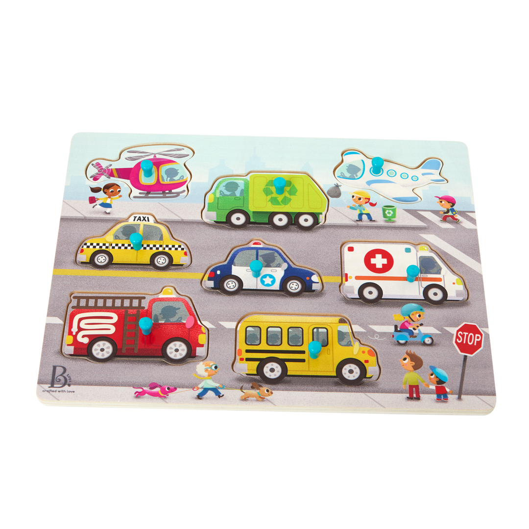 Children's puzzle with toy vehicles and figures on a white background