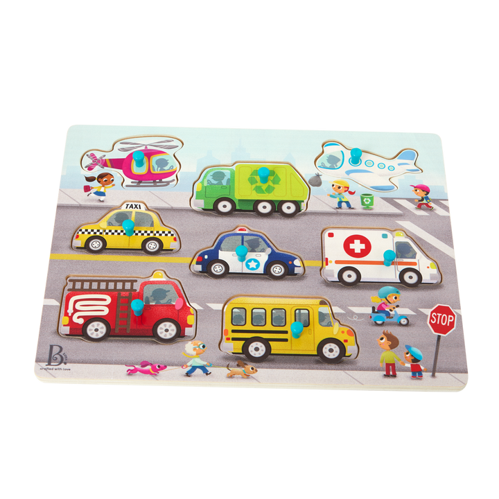 Children's puzzle with toy vehicles and figures on a white background