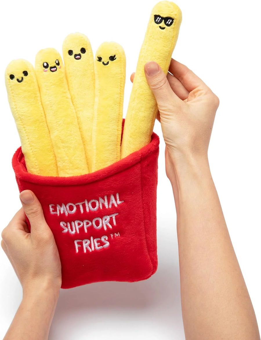 Plush toy resembling French fries with emoji faces in a red container labeled 'Emotional Support Fries'.