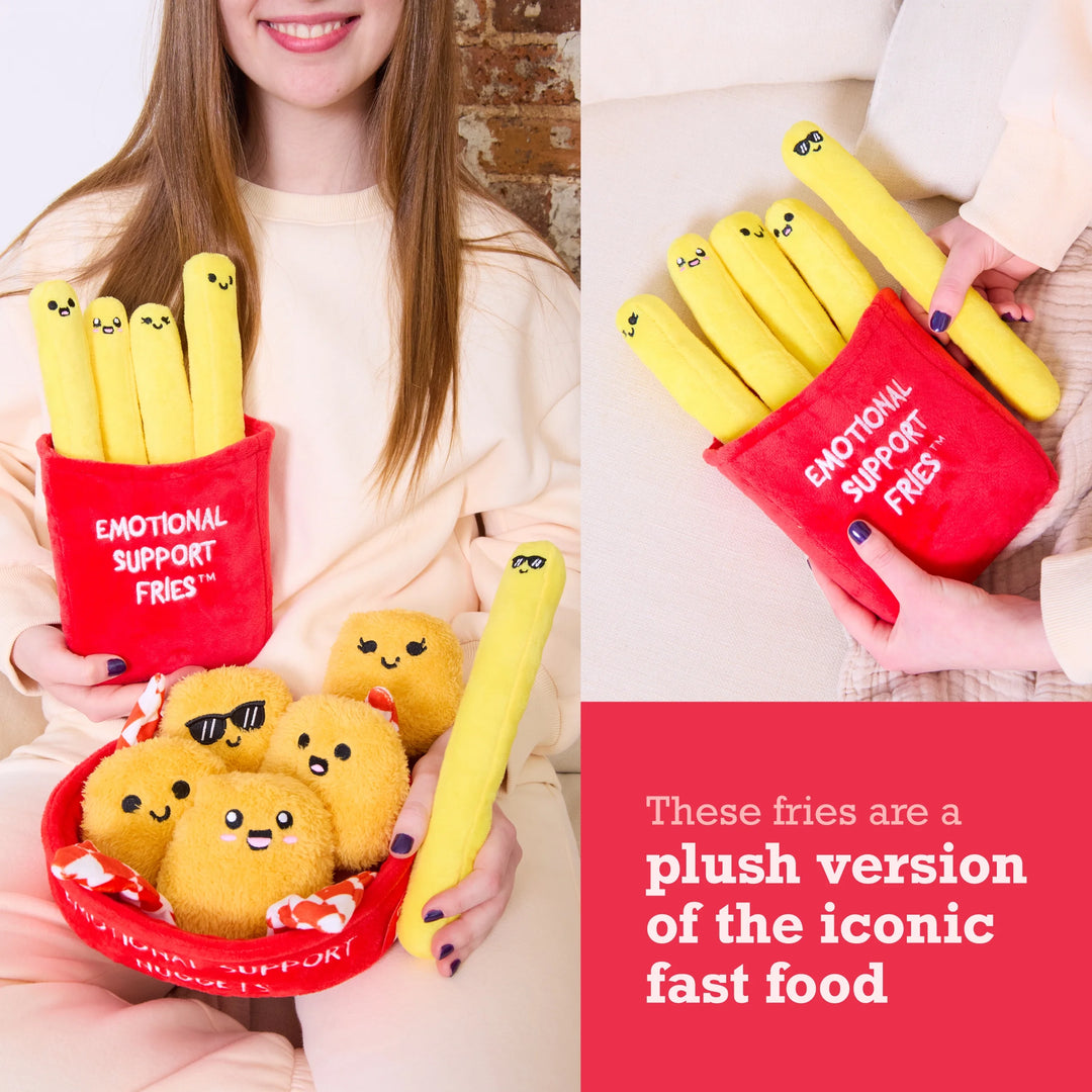 Plush 'Emotional Support Fries' with a red container held by a person.