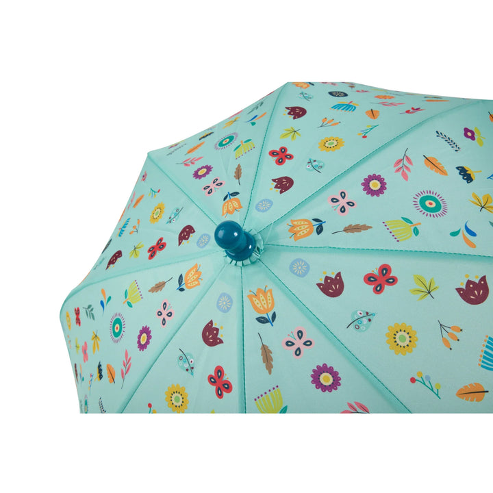 Children's umbrella with colorful floral pattern on a light blue background