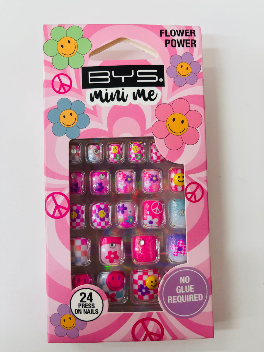 BYS Mini Me nail art set packaging with colorful flowers and peace signs on a pink background.