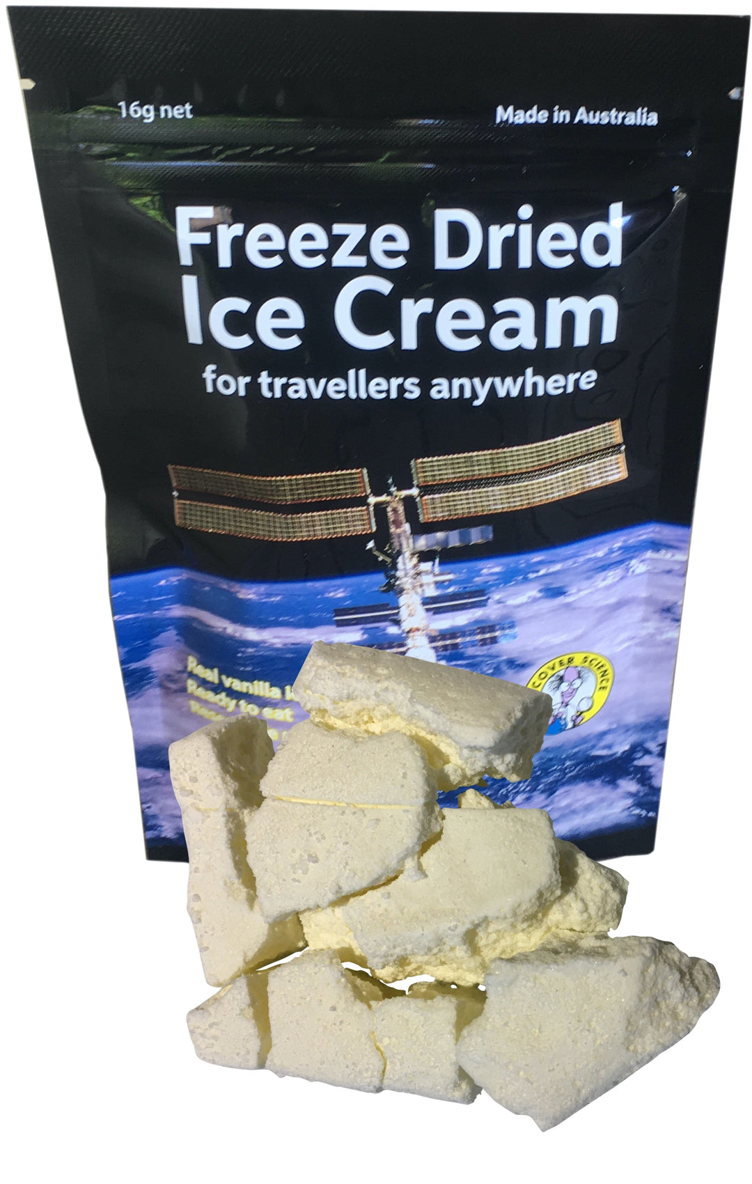 Package of freeze-dried ice cream with a space-themed design, showing ice cream pieces in front.