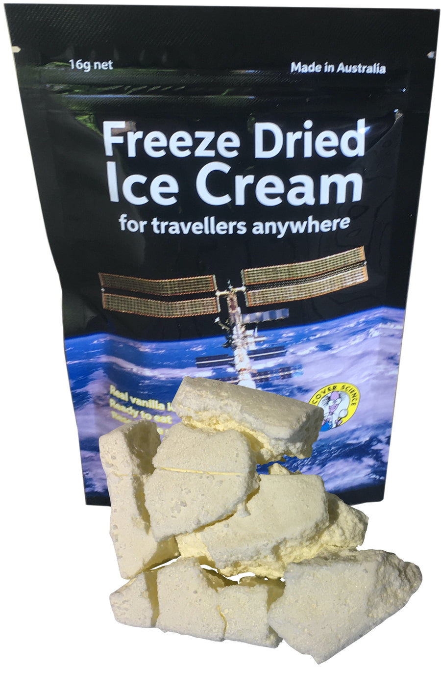 Package of freeze-dried ice cream with a space-themed design, showing ice cream pieces in front.