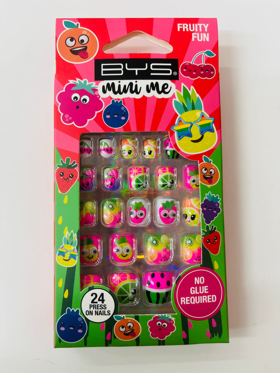 Packaged nail art product with colorful designs and fruit-themed packaging on a white background