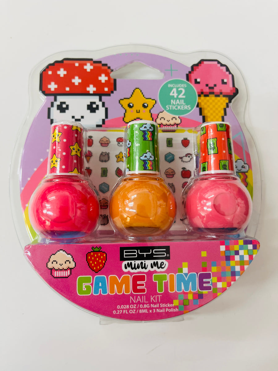 BYS mini me Game Time nail kit with three colorful nail polishes in a decorative packaging on a white background.