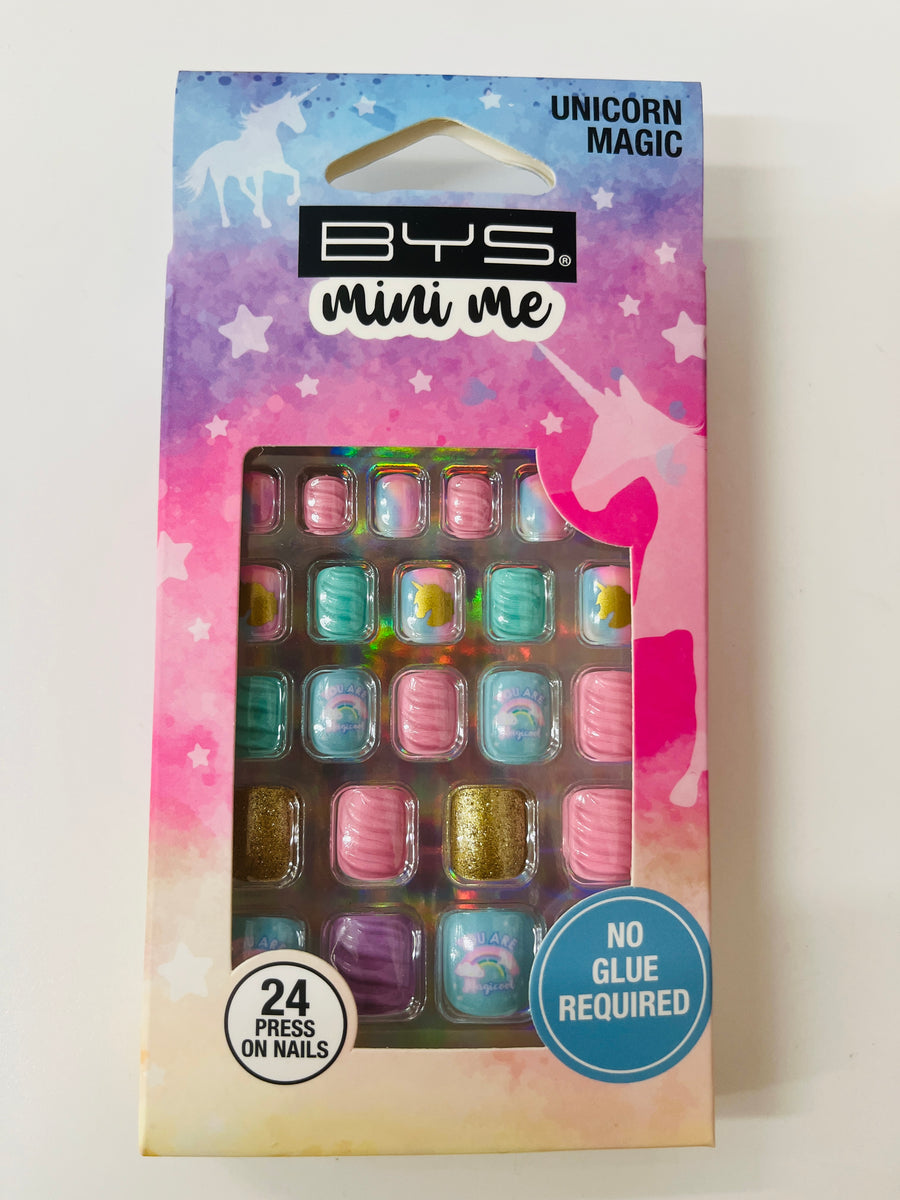 Packaged nail art product with colorful designs and 'BYS Mini Me' branding on a white background.